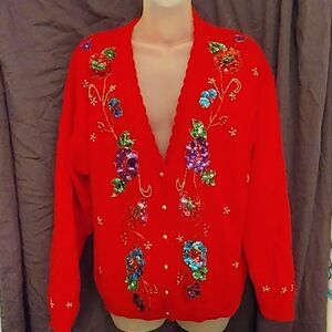 Gloriously Gaudy Red Sequined Floral Sweater